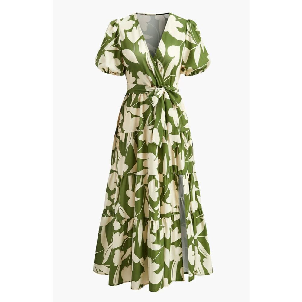 Commense Green and Cream Floral Tie-Waist Maxi Dress